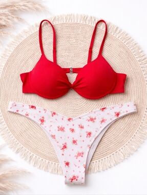 Hollister 2 Piece Red and Floral Bikini Size M/L